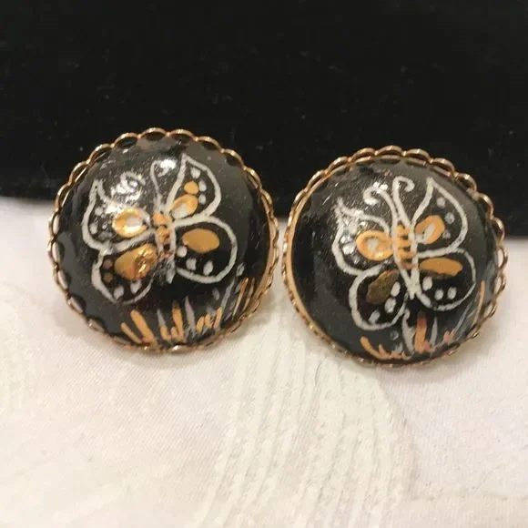 Vintage Enamel Butterfly Button Earrings - Picture 1 of 5